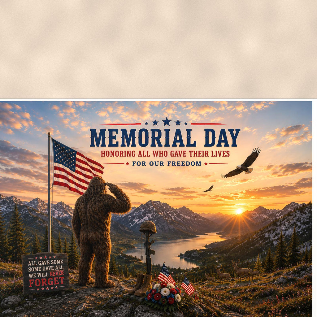 Memorial Day Bigfoot — 36x24 in art print poster, premium luster paper with a white border; close-up framed on the main subject of the artwork, paper surface visible.
