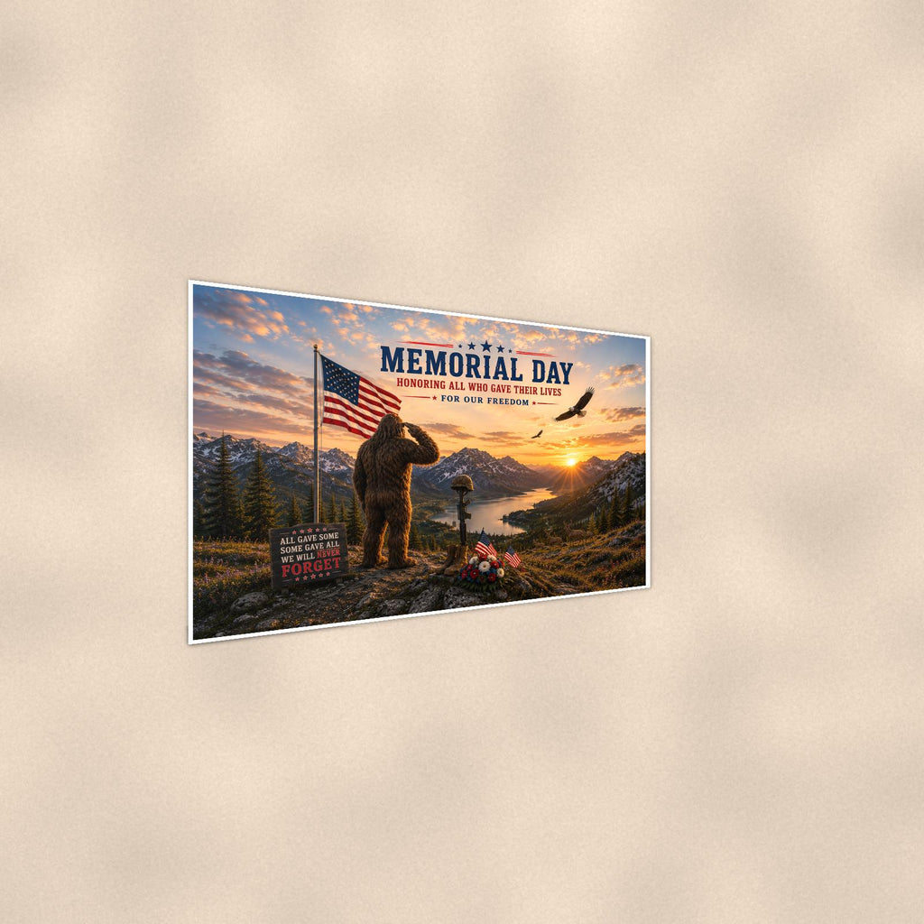 Memorial Day Bigfoot — 36x24 in art print poster, premium luster paper with a white border; steeper three-quarter angle on a warm wall, catching the luster sheen.