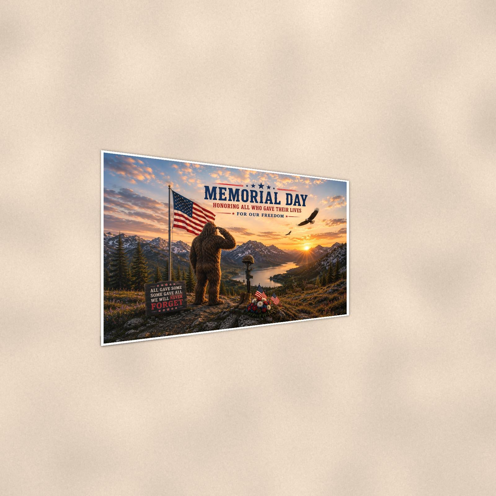 Memorial Day Bigfoot — 36x24 in art print poster, premium luster paper with a white border; steeper three-quarter angle on a warm wall, catching the luster sheen.