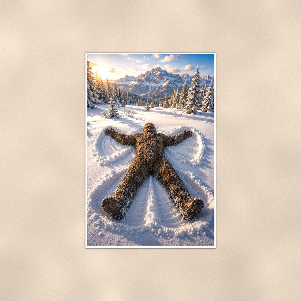 Snow Angel Bigfoot — 24x36 in art print poster, premium luster paper with a white border; poster shown straight on against a warm wall.