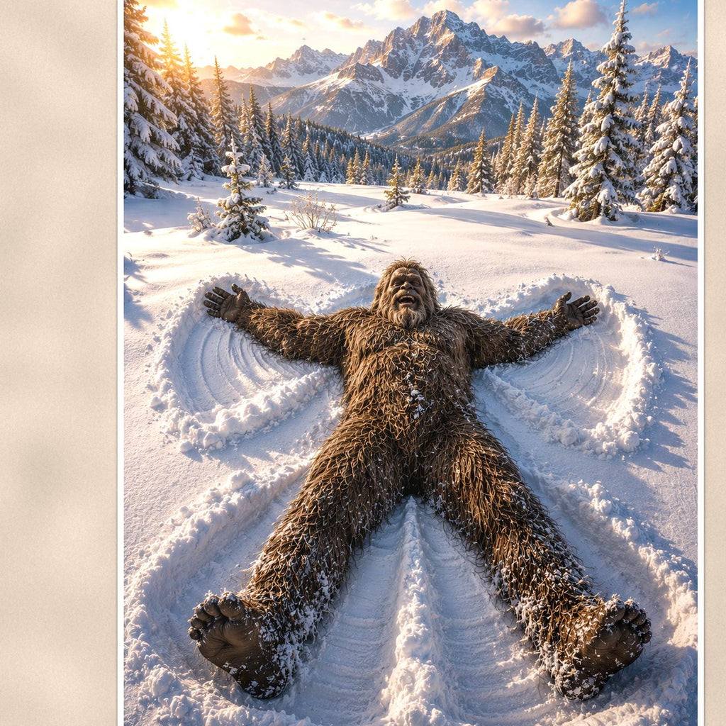 Snow Angel Bigfoot — 24x36 in art print poster, premium luster paper with a white border; close-up framed on the main subject of the artwork, paper surface visible.