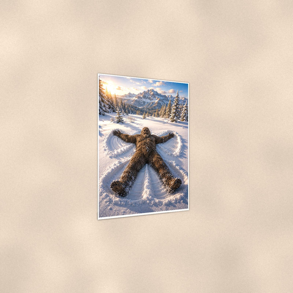 Snow Angel Bigfoot — 24x36 in art print poster, premium luster paper with a white border; gentle three-quarter angle on a warm wall, showing the flat paper edge.
