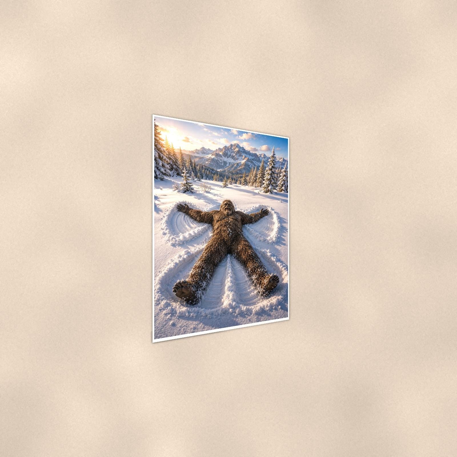 Snow Angel Bigfoot — 24x36 in art print poster, premium luster paper with a white border; steeper three-quarter angle on a warm wall, catching the luster sheen.