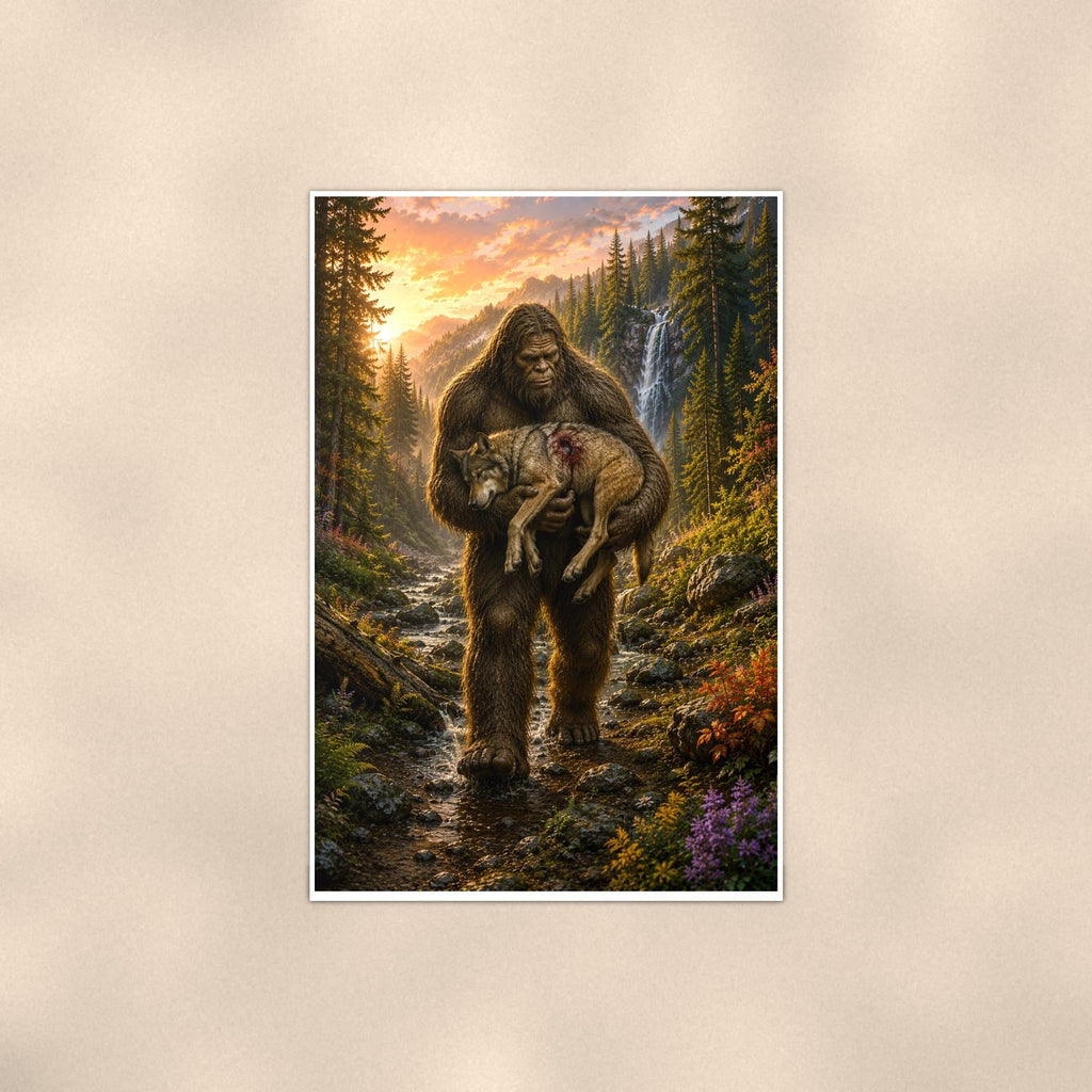 Wolf Pup Rescue Bigfoot — 24x36 in art print poster, premium luster paper with a white border; poster shown straight on against a warm wall.