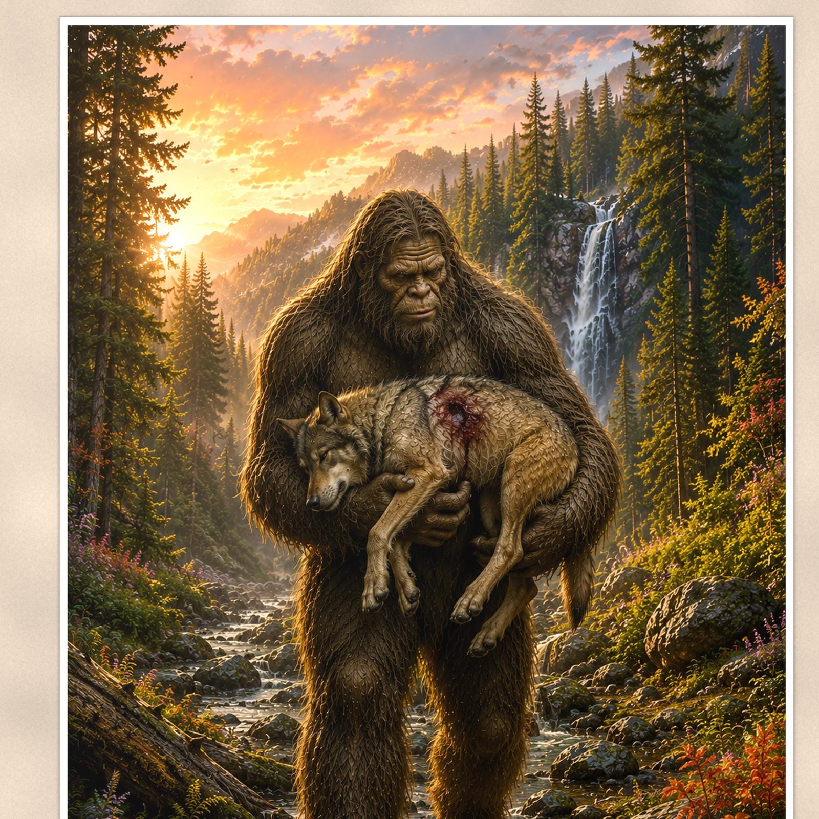 Wolf Pup Rescue Bigfoot — 24x36 in art print poster, premium luster paper with a white border; close-up framed on the main subject of the artwork, paper surface visible.