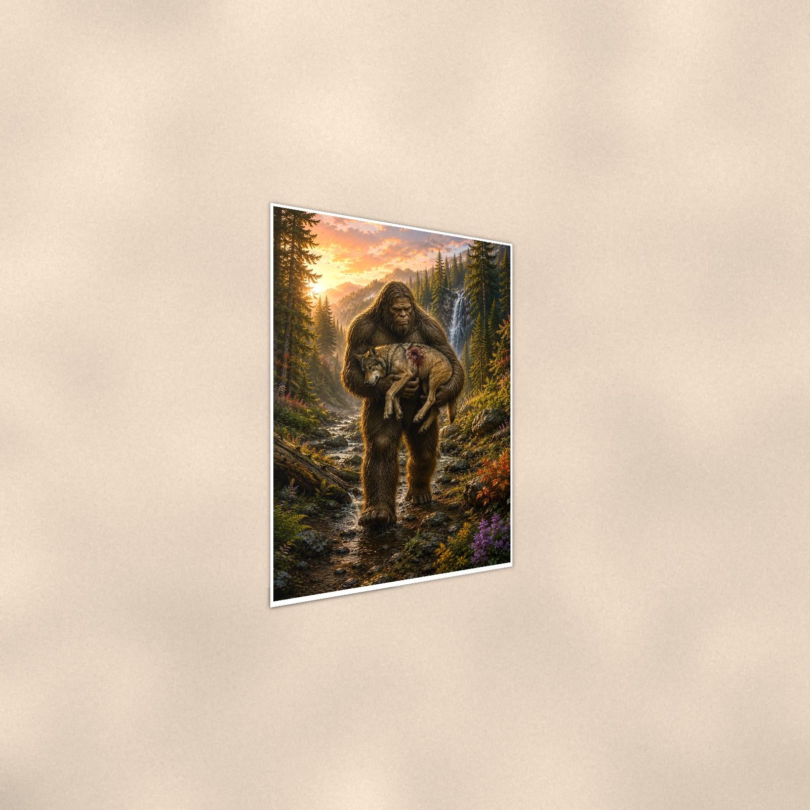 Wolf Pup Rescue Bigfoot — 24x36 in art print poster, premium luster paper with a white border; steeper three-quarter angle on a warm wall, catching the luster sheen.