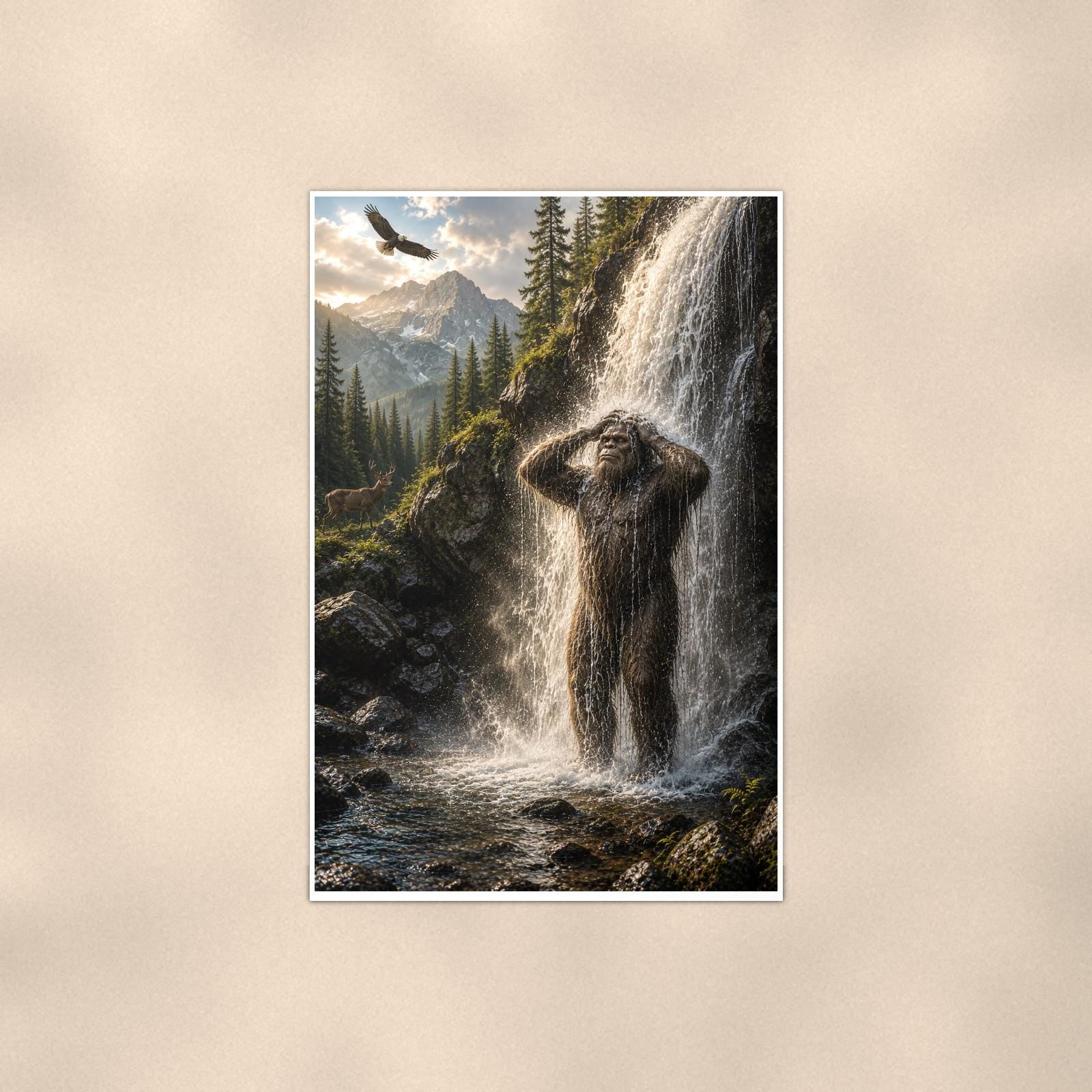 Waterfall Shower Bigfoot — 24x36 in art print poster, premium luster paper with a white border; poster shown straight on against a warm wall.