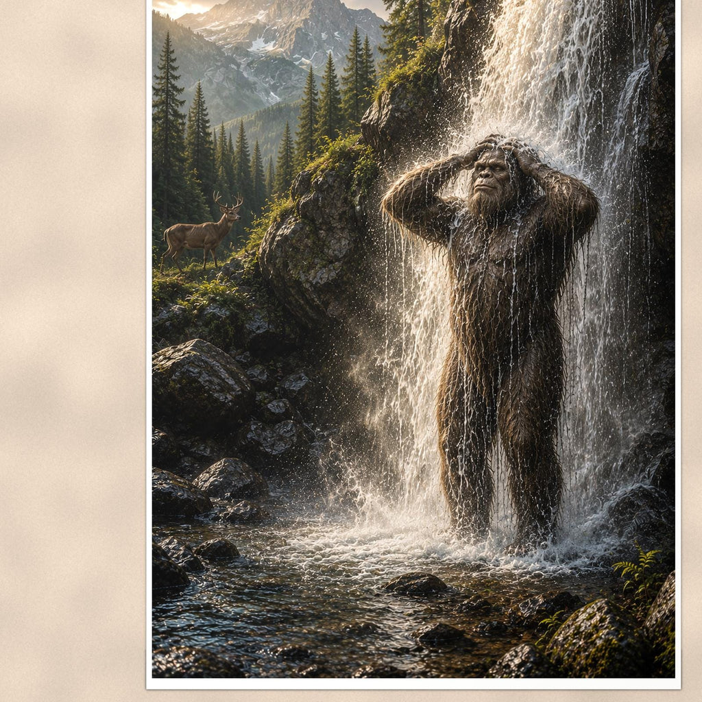 Waterfall Shower Bigfoot — 24x36 in art print poster, premium luster paper with a white border; close-up framed on the main subject of the artwork, paper surface visible.