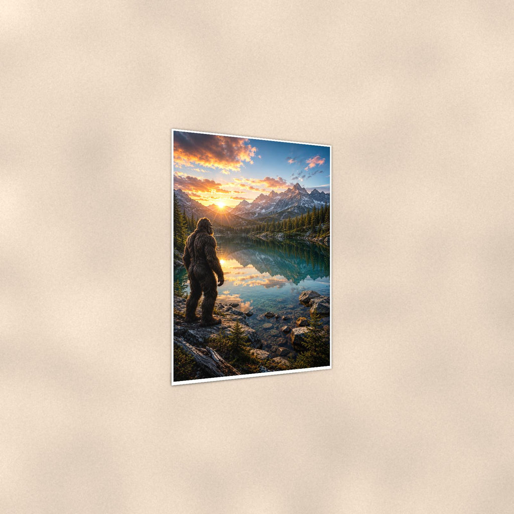 Mirror Lake Bigfoot — 24x36 in art print poster, premium luster paper with a white border; gentle three-quarter angle on a warm wall, showing the flat paper edge.