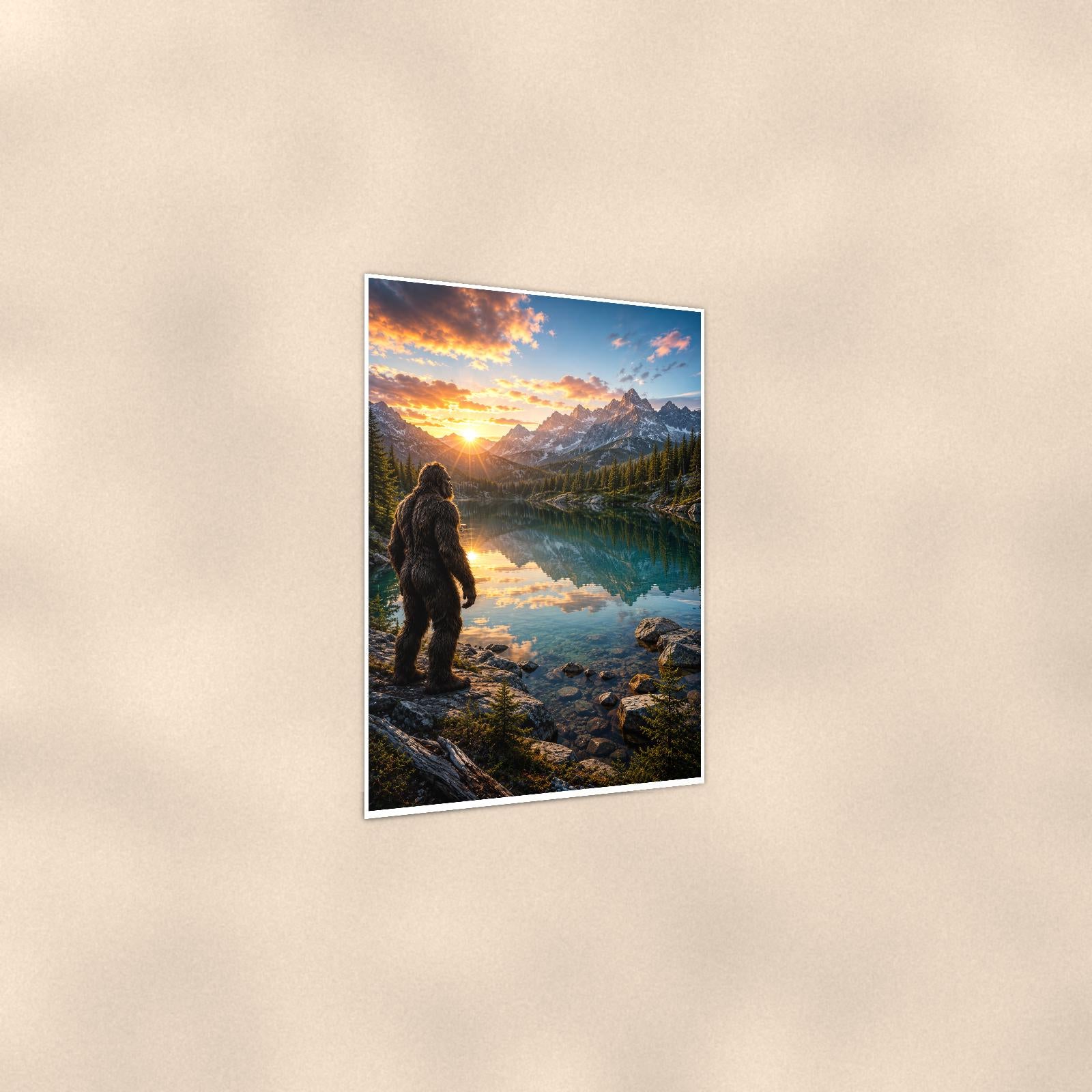 Mirror Lake Bigfoot — 24x36 in art print poster, premium luster paper with a white border; gentle three-quarter angle on a warm wall, showing the flat paper edge.