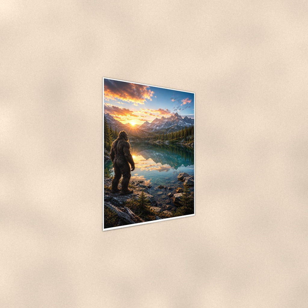 Mirror Lake Bigfoot — 24x36 in art print poster, premium luster paper with a white border; steeper three-quarter angle on a warm wall, catching the luster sheen.