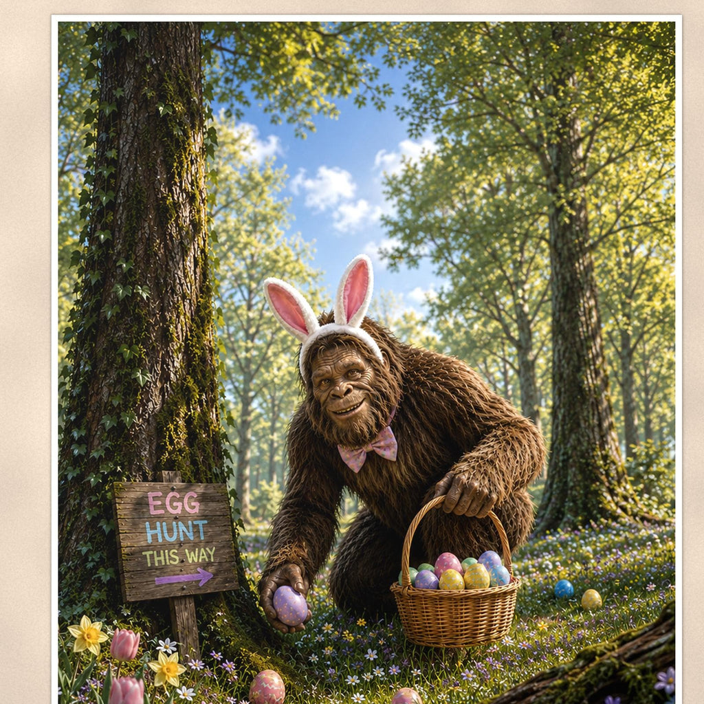Easter Bigfoot — 24x36 in art print poster, premium luster paper with a white border; close-up framed on the main subject of the artwork, paper surface visible.