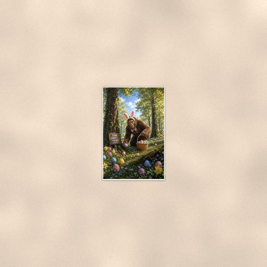 Easter Bigfoot — 24x36 in art print poster, premium luster paper with a white border; poster seen from further back, at true 24x36 in scale on a warm wall.