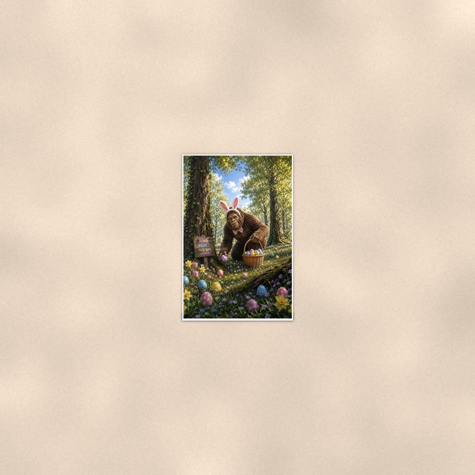 Easter Bigfoot — 24x36 in art print poster, premium luster paper with a white border; poster seen from further back, at true 24x36 in scale on a warm wall.