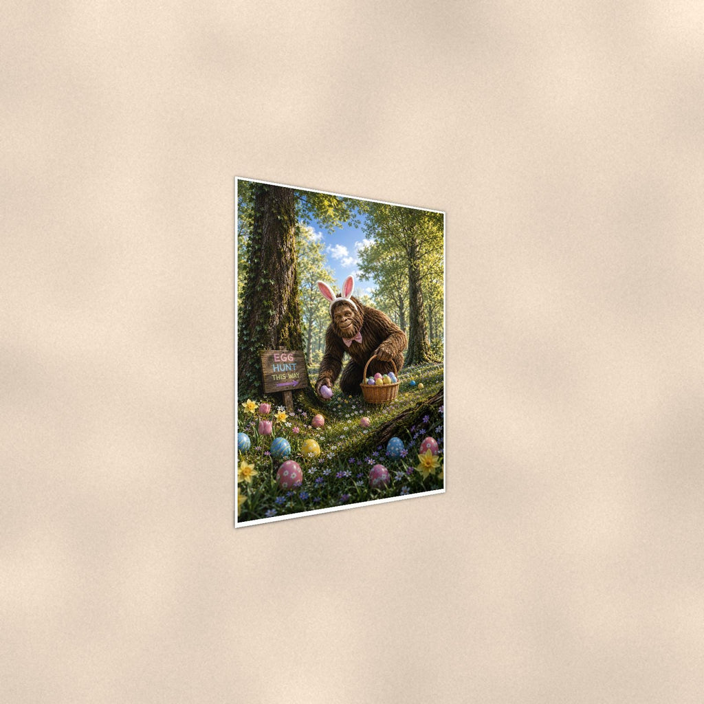 Easter Bigfoot — 24x36 in art print poster, premium luster paper with a white border; steeper three-quarter angle on a warm wall, catching the luster sheen.