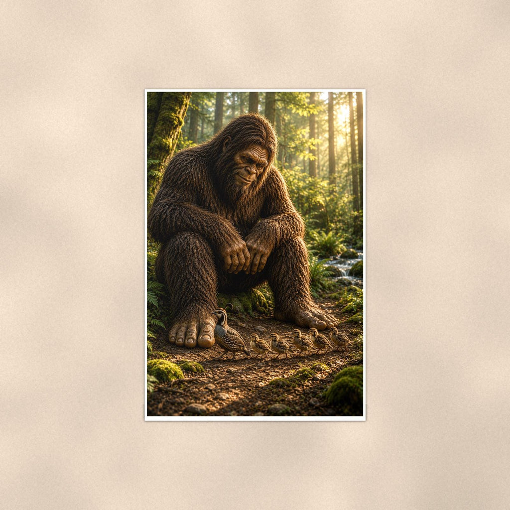 Old Growth Bigfoot — 24x36 in art print poster, premium luster paper with a white border; poster shown straight on against a warm wall.