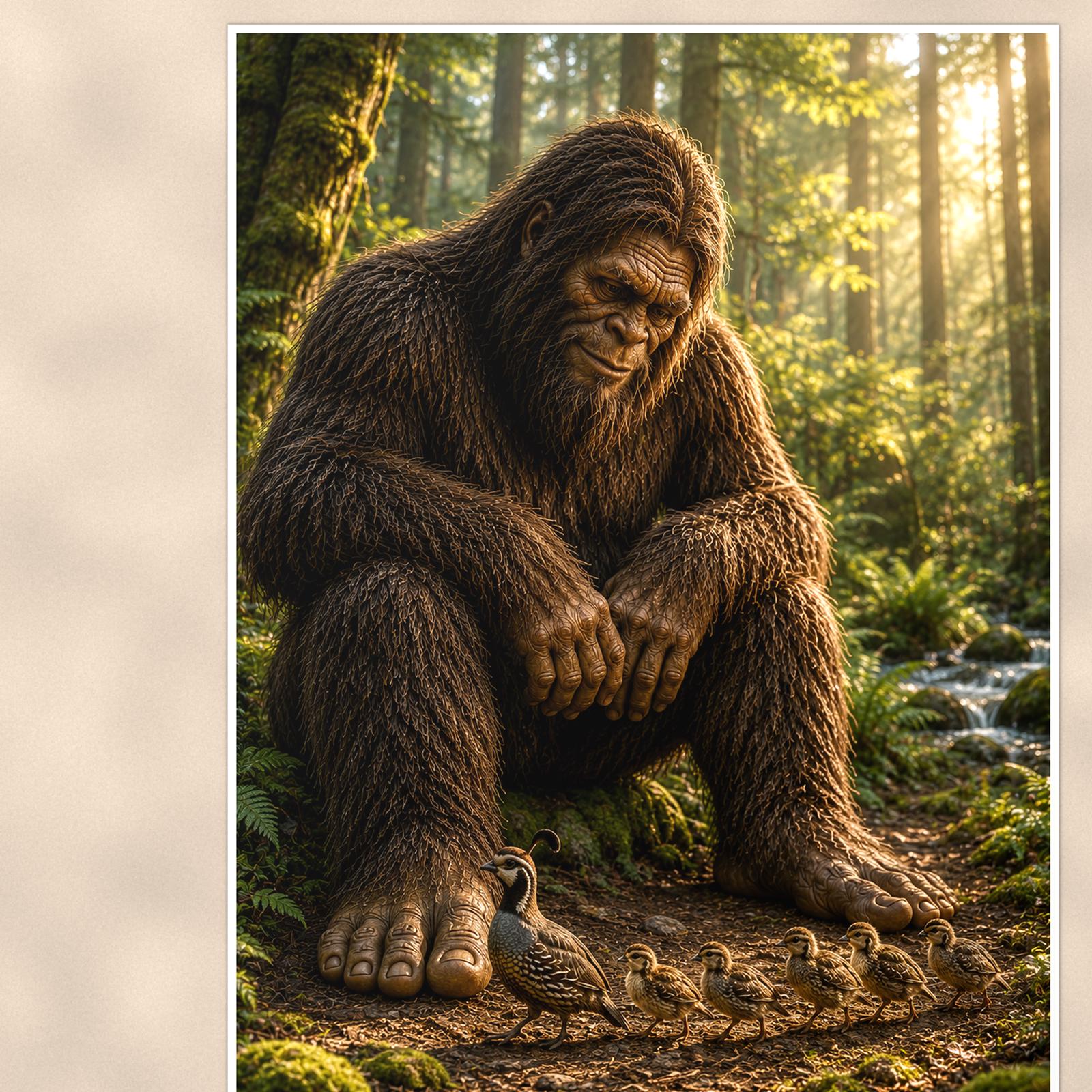 Old Growth Bigfoot — 24x36 in art print poster, premium luster paper with a white border; close-up framed on the main subject of the artwork, paper surface visible.