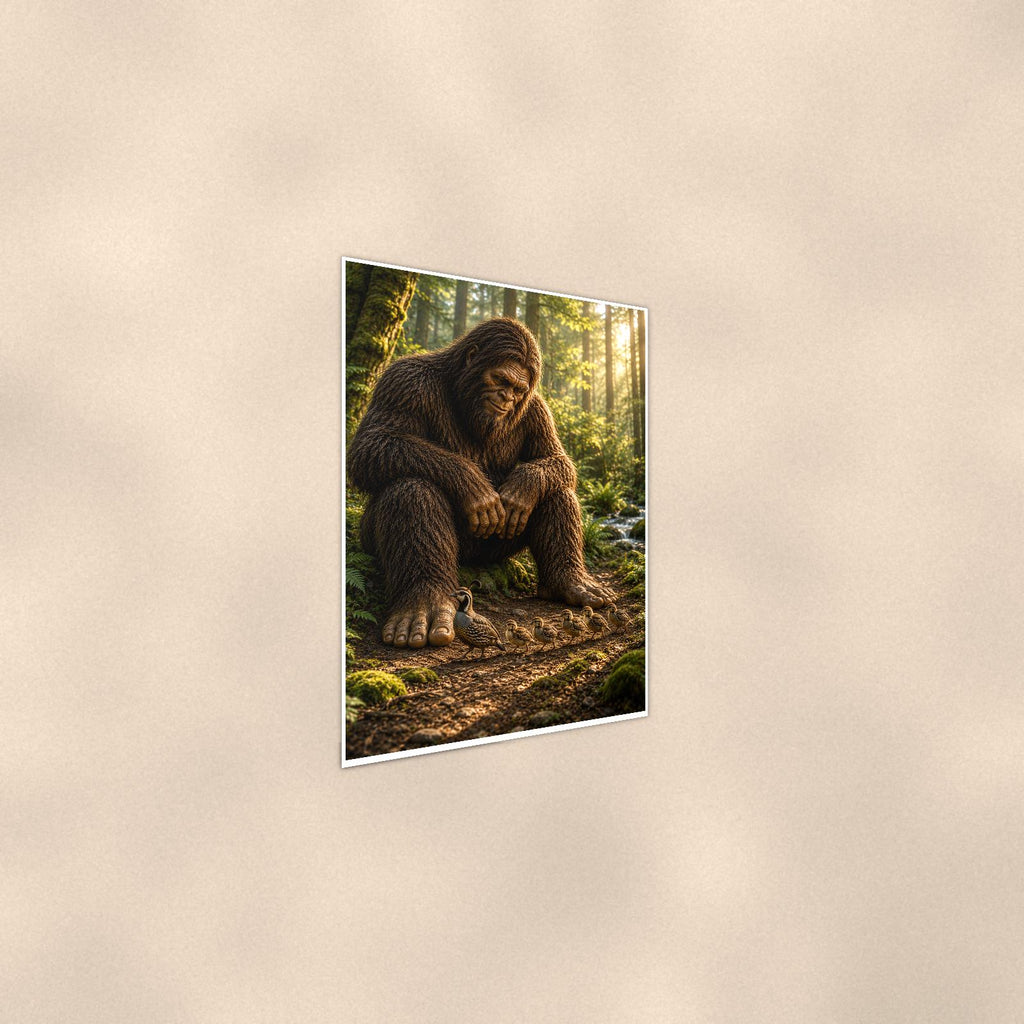 Old Growth Bigfoot — 24x36 in art print poster, premium luster paper with a white border; steeper three-quarter angle on a warm wall, catching the luster sheen.