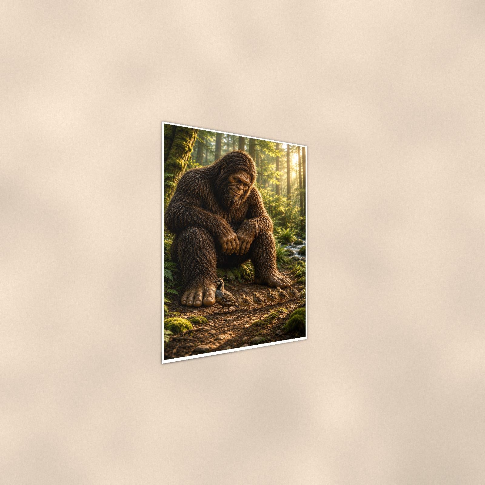Old Growth Bigfoot — 24x36 in art print poster, premium luster paper with a white border; steeper three-quarter angle on a warm wall, catching the luster sheen.