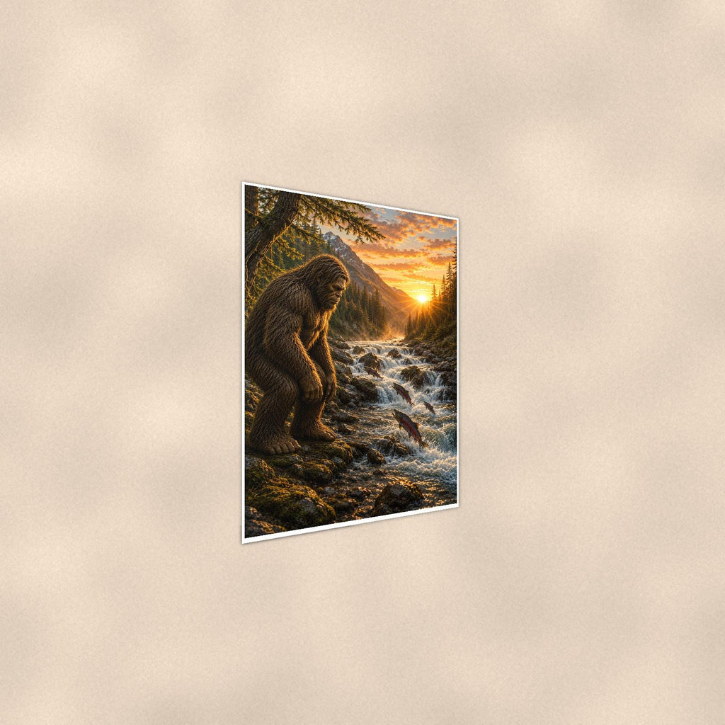 Golden Creek Bigfoot — 24x36 in art print poster, premium luster paper with a white border; steeper three-quarter angle on a warm wall, catching the luster sheen.