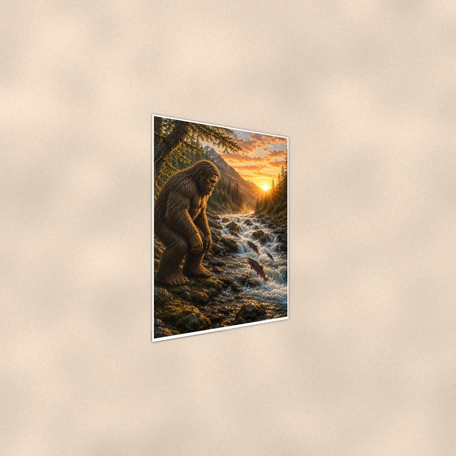 Golden Creek Bigfoot — 24x36 in art print poster, premium luster paper with a white border; steeper three-quarter angle on a warm wall, catching the luster sheen.