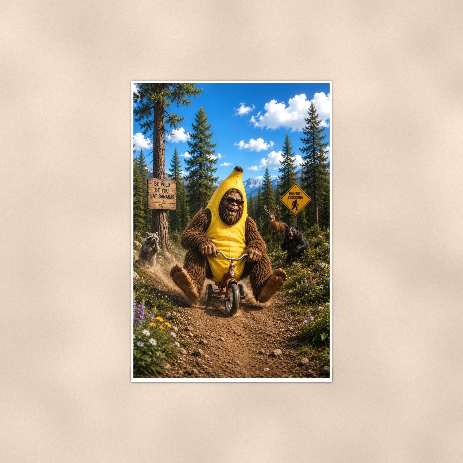 Banana Bike Bigfoot — 24x36 in art print poster, premium luster paper with a white border; poster shown straight on against a warm wall.