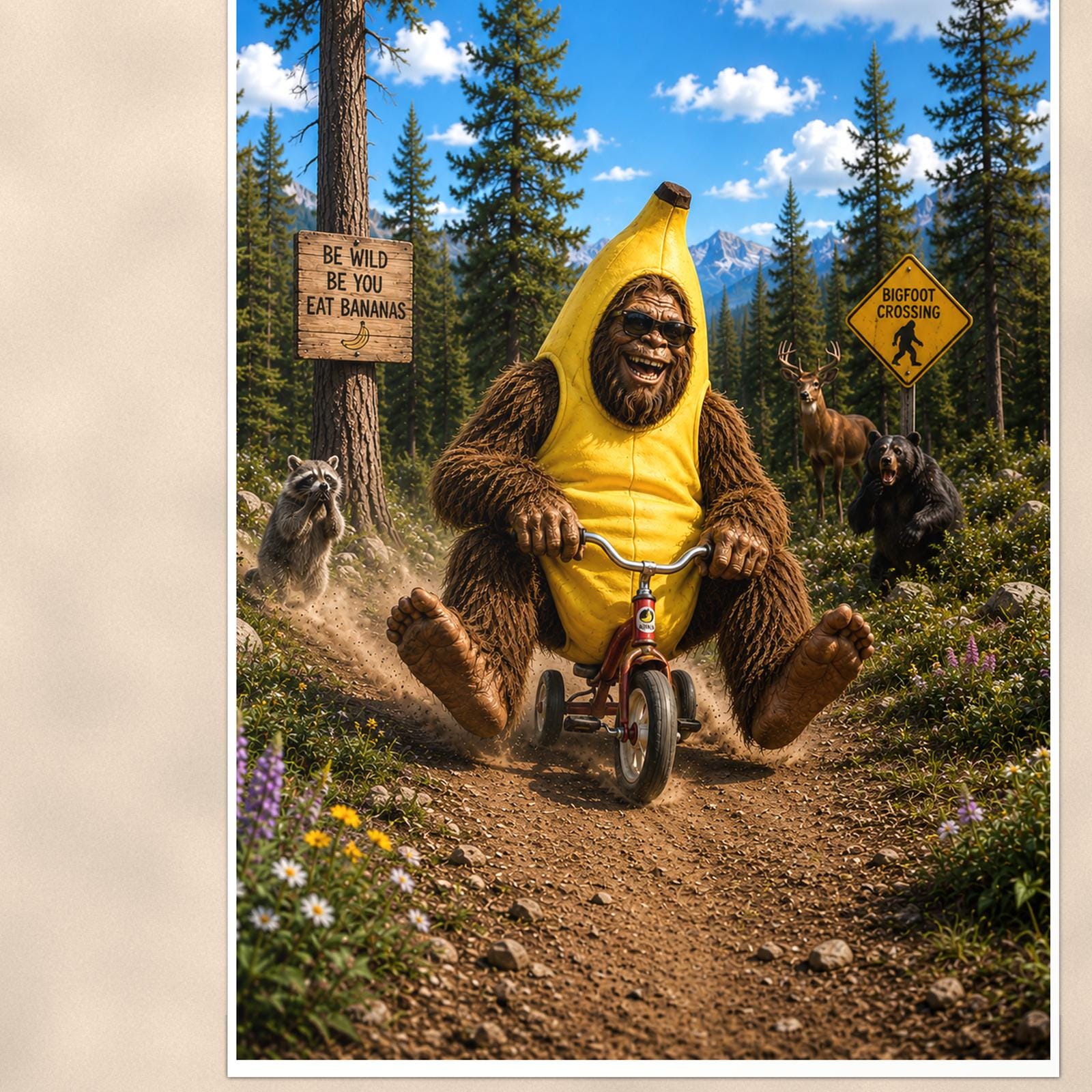 Banana Bike Bigfoot — 24x36 in art print poster, premium luster paper with a white border; close-up framed on the main subject of the artwork, paper surface visible.