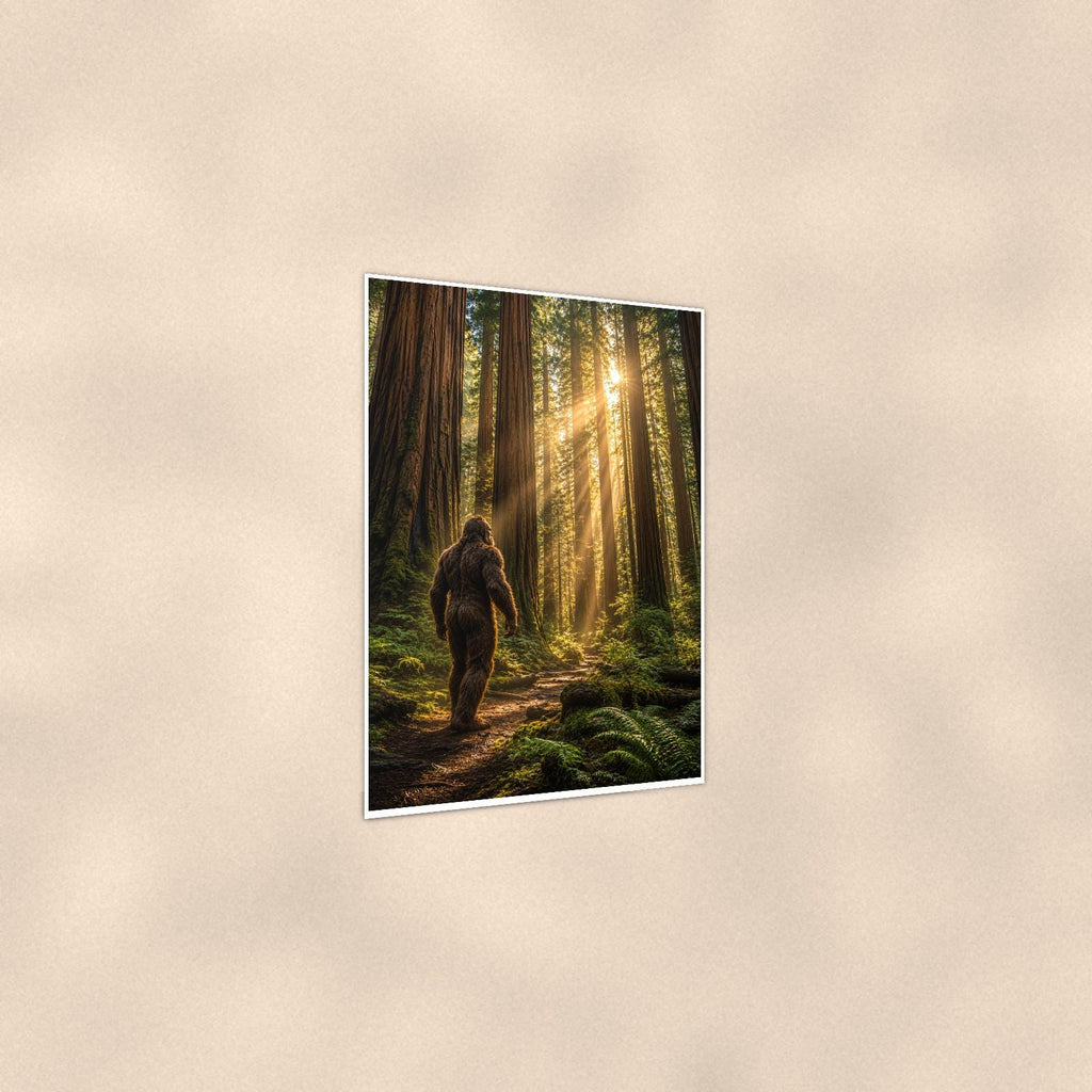 Redwood Wanderer Bigfoot — 24x36 in art print poster, premium luster paper with a white border; gentle three-quarter angle on a warm wall, showing the flat paper edge.