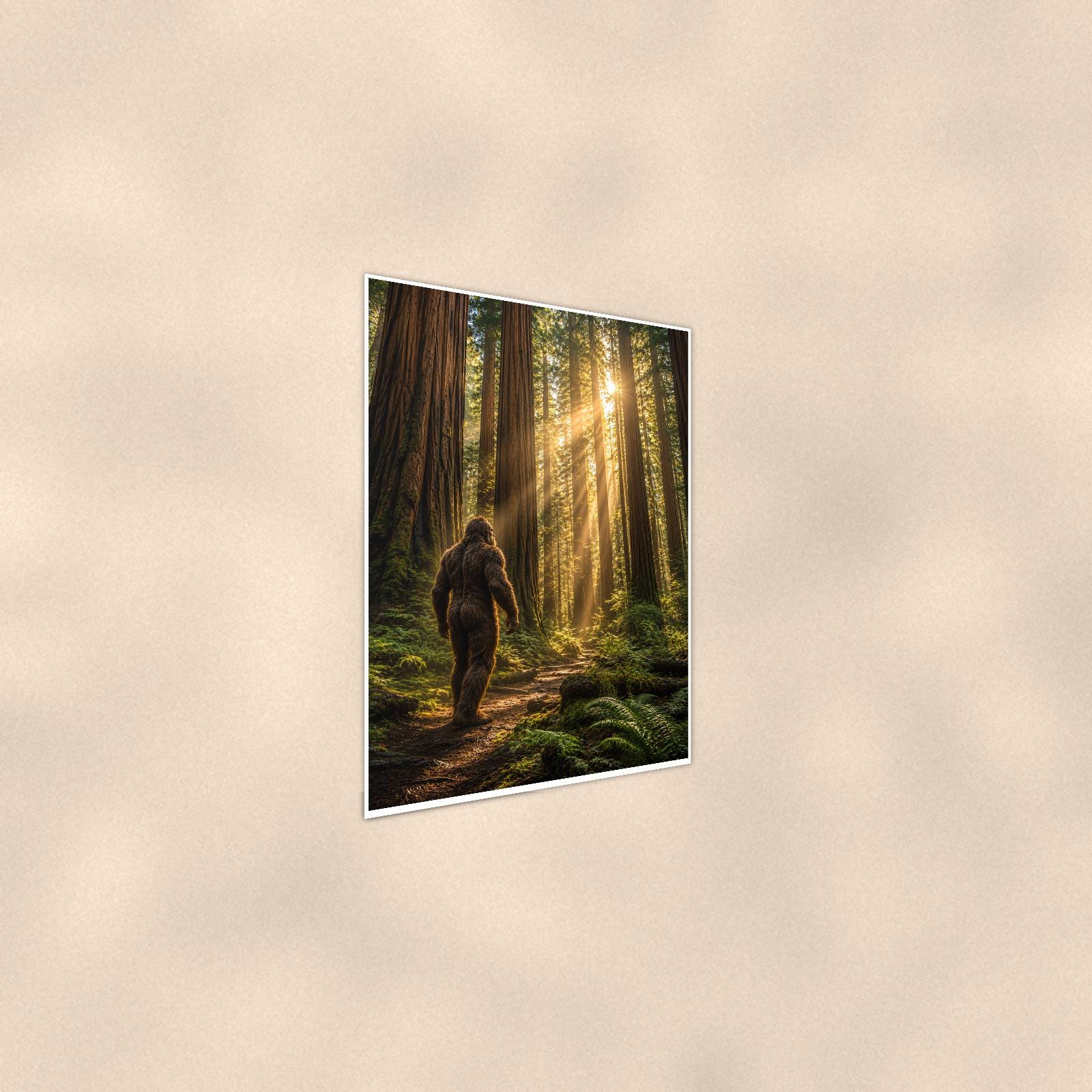 Redwood Wanderer Bigfoot — 24x36 in art print poster, premium luster paper with a white border; steeper three-quarter angle on a warm wall, catching the luster sheen.