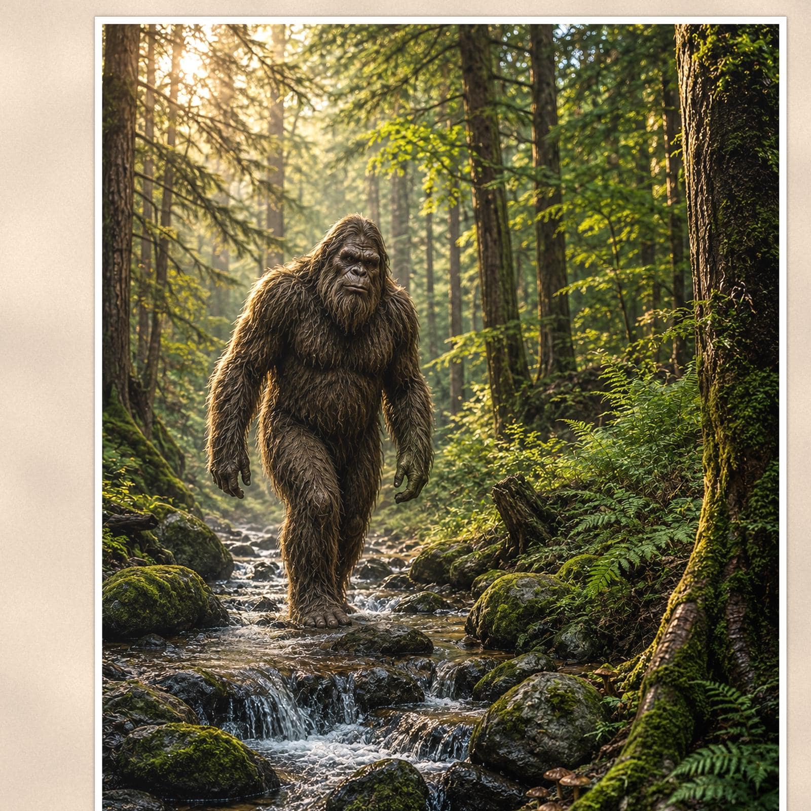 Mossy Creek Bigfoot — 24x36 in art print poster, premium luster paper with a white border; close-up framed on the main subject of the artwork, paper surface visible.