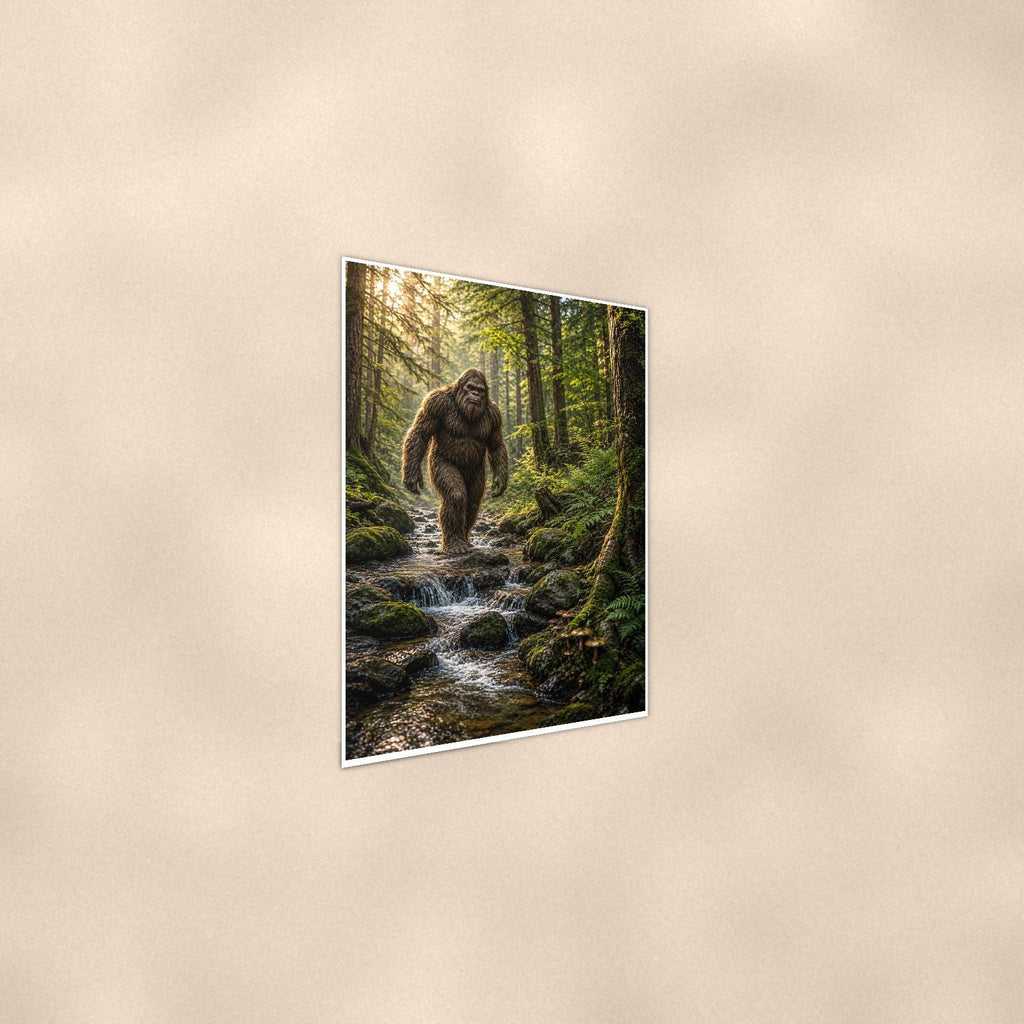 Mossy Creek Bigfoot — 24x36 in art print poster, premium luster paper with a white border; steeper three-quarter angle on a warm wall, catching the luster sheen.