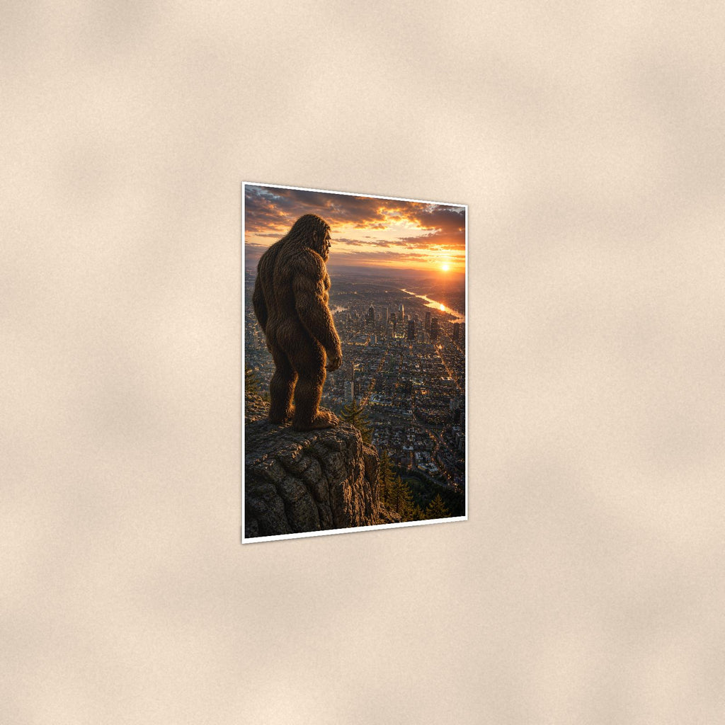 City Lights Bigfoot — 24x36 in art print poster, premium luster paper with a white border; gentle three-quarter angle on a warm wall, showing the flat paper edge.