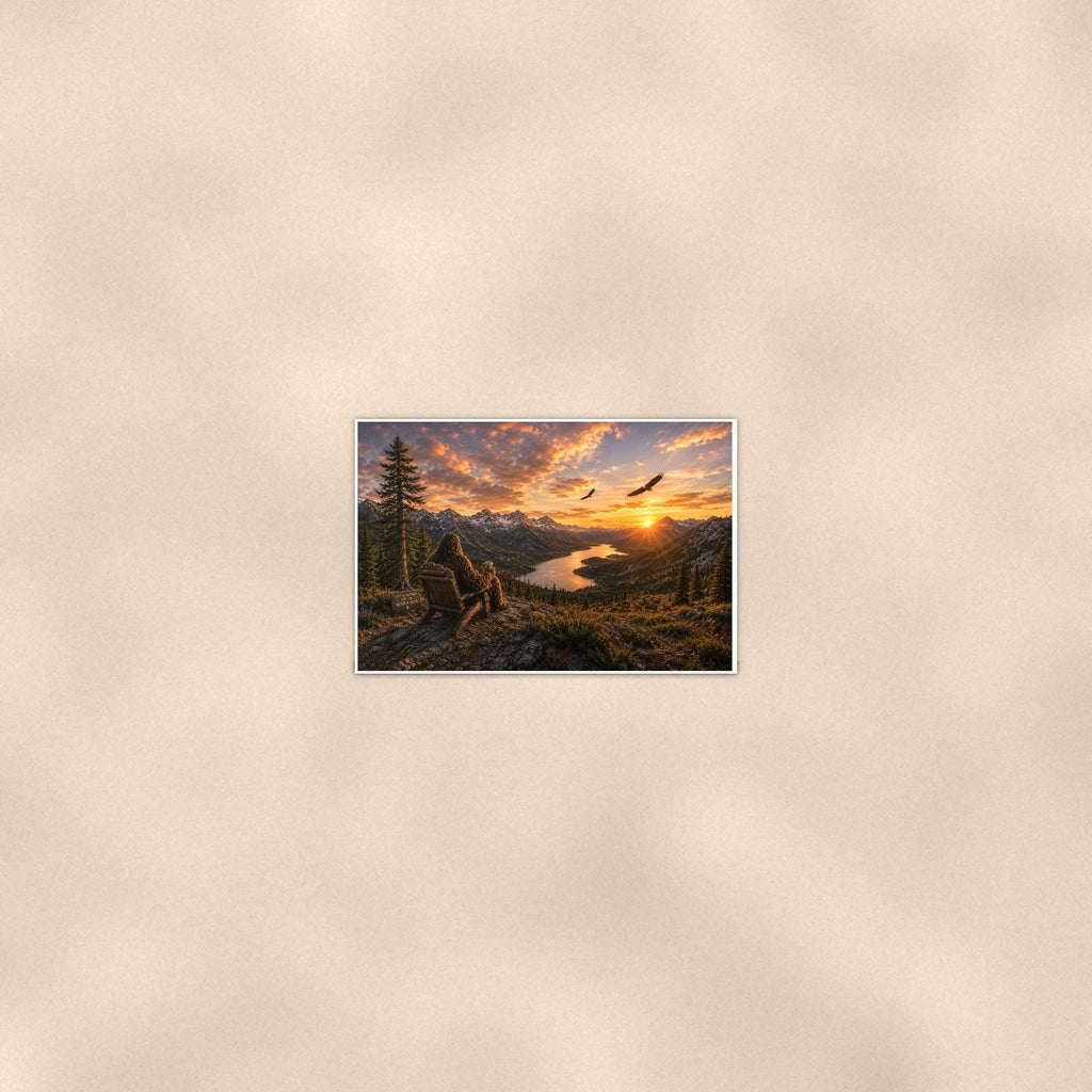 Mountain Sunset Bigfoot — 36x24 in art print poster, premium luster paper with a white border; poster seen from further back, at true 24x36 in scale on a warm wall.