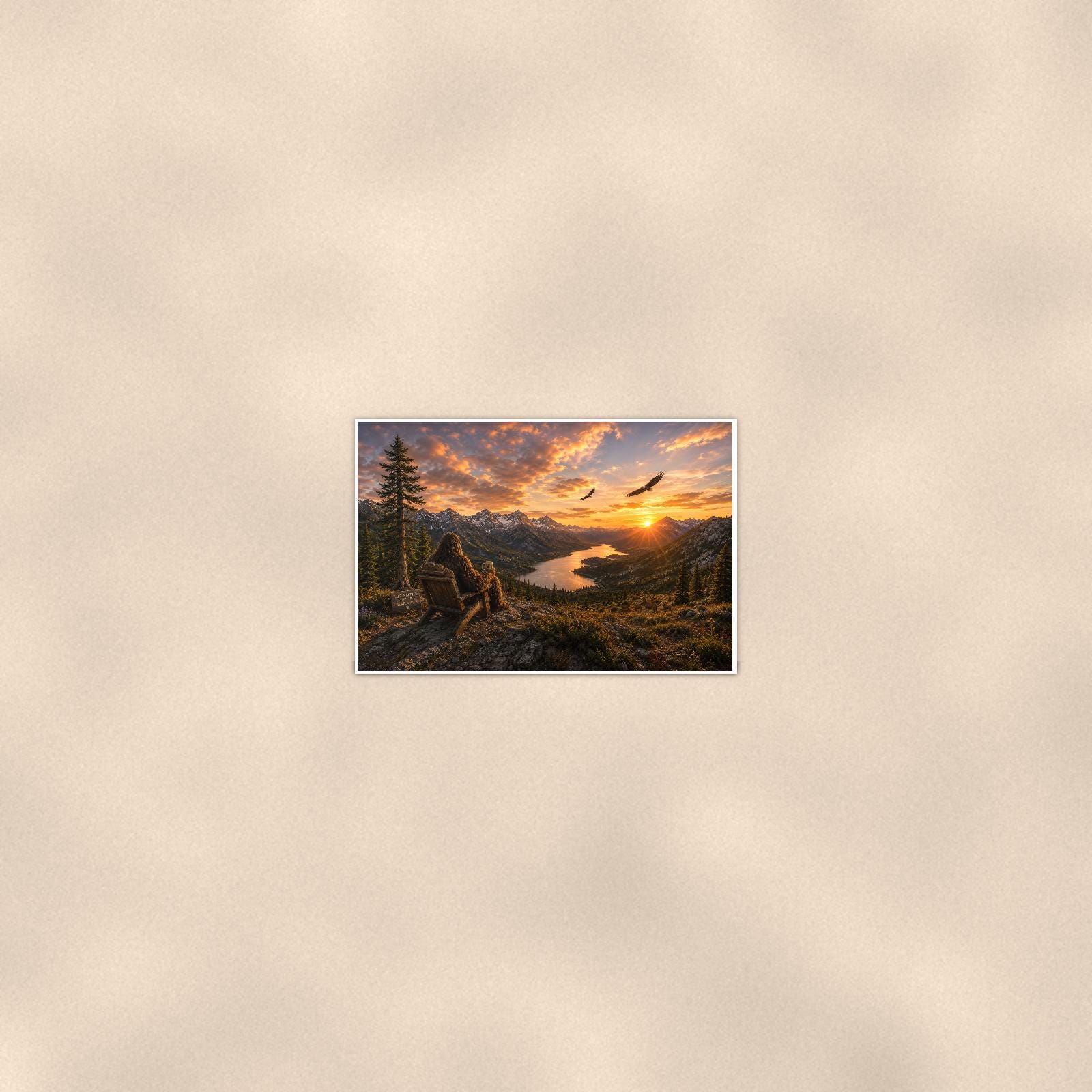 Mountain Sunset Bigfoot — 36x24 in art print poster, premium luster paper with a white border; poster seen from further back, at true 24x36 in scale on a warm wall.