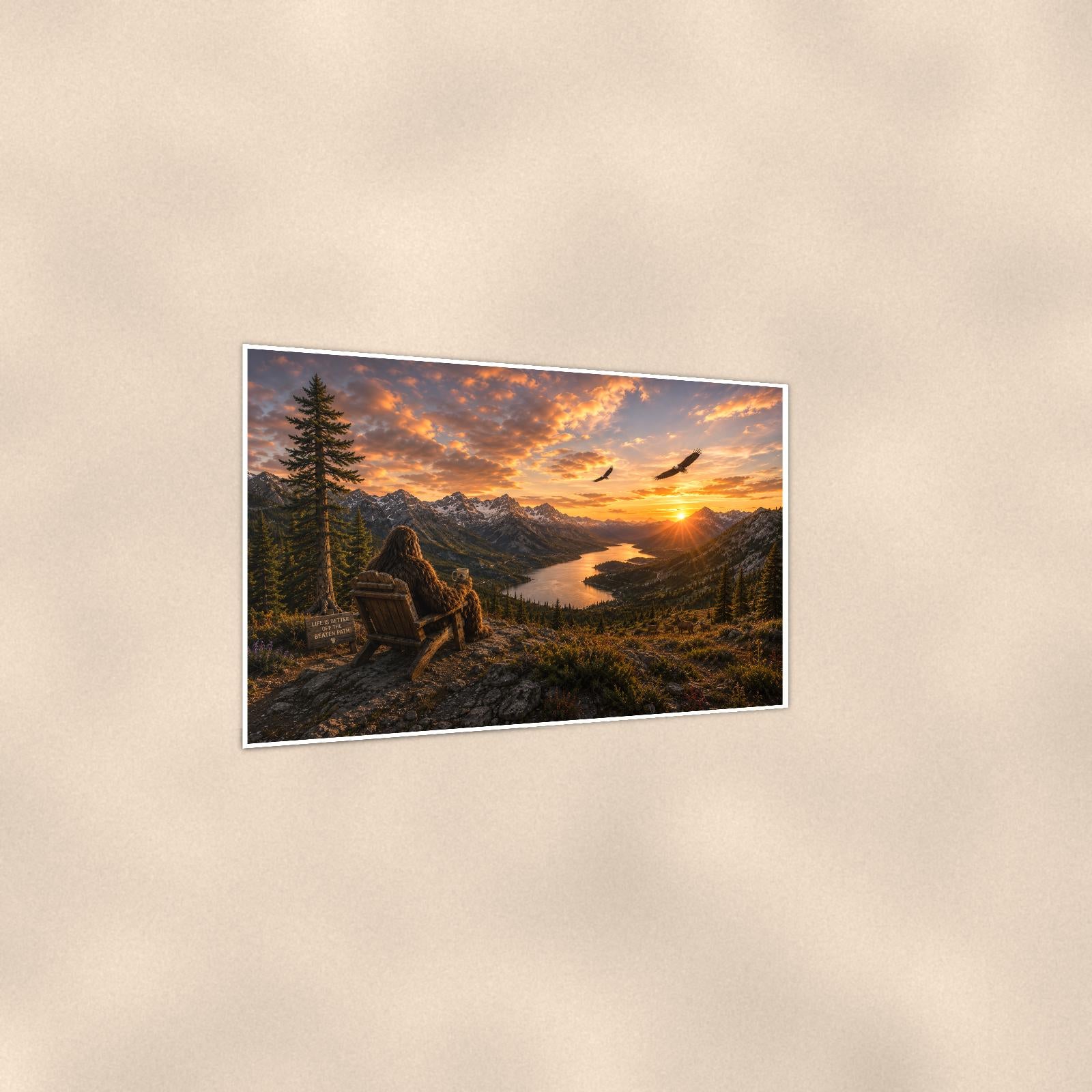Mountain Sunset Bigfoot — 36x24 in art print poster, premium luster paper with a white border; gentle three-quarter angle on a warm wall, showing the flat paper edge.