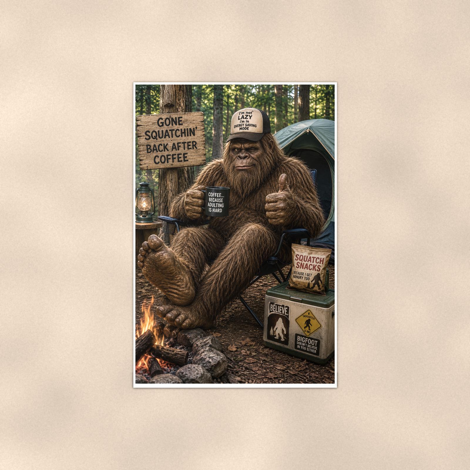 Gone Squatchin Coffee Bigfoot — 24x36 in art print poster, premium luster paper with a white border; poster shown straight on against a warm wall.