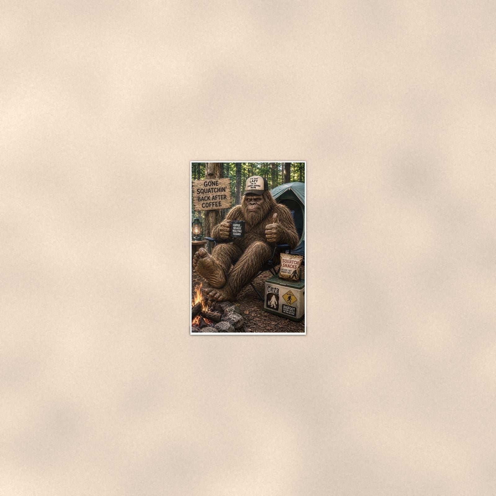 Gone Squatchin Coffee Bigfoot — 24x36 in art print poster, premium luster paper with a white border; poster seen from further back, at true 24x36 in scale on a warm wall.