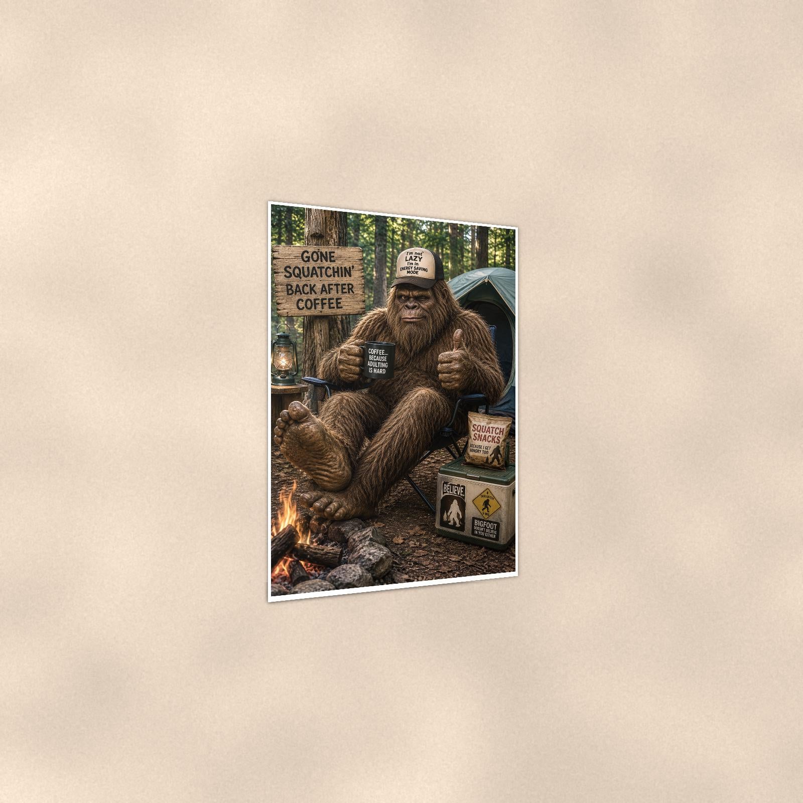 Gone Squatchin Coffee Bigfoot — 24x36 in art print poster, premium luster paper with a white border; gentle three-quarter angle on a warm wall, showing the flat paper edge.