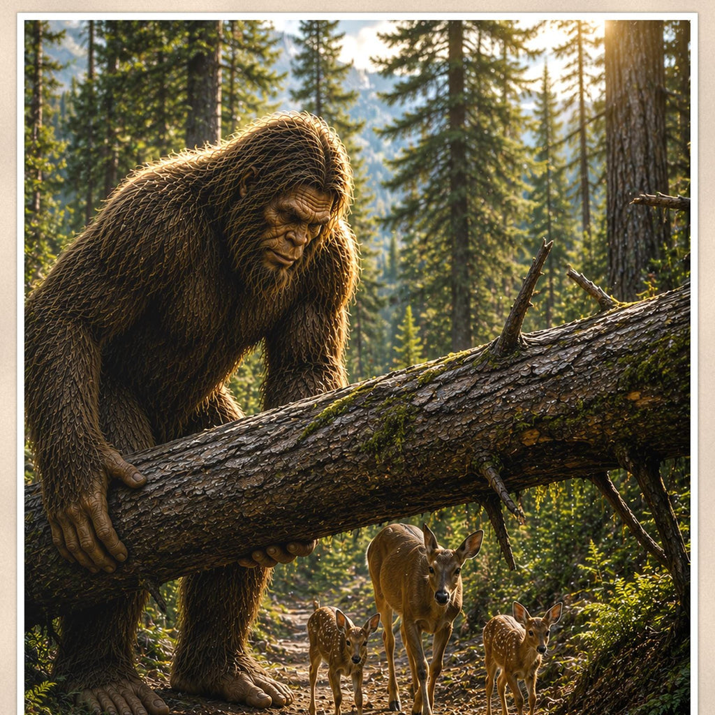 Log Bridge Bigfoot — 24x36 in art print poster, premium luster paper with a white border; close-up framed on the main subject of the artwork, paper surface visible.