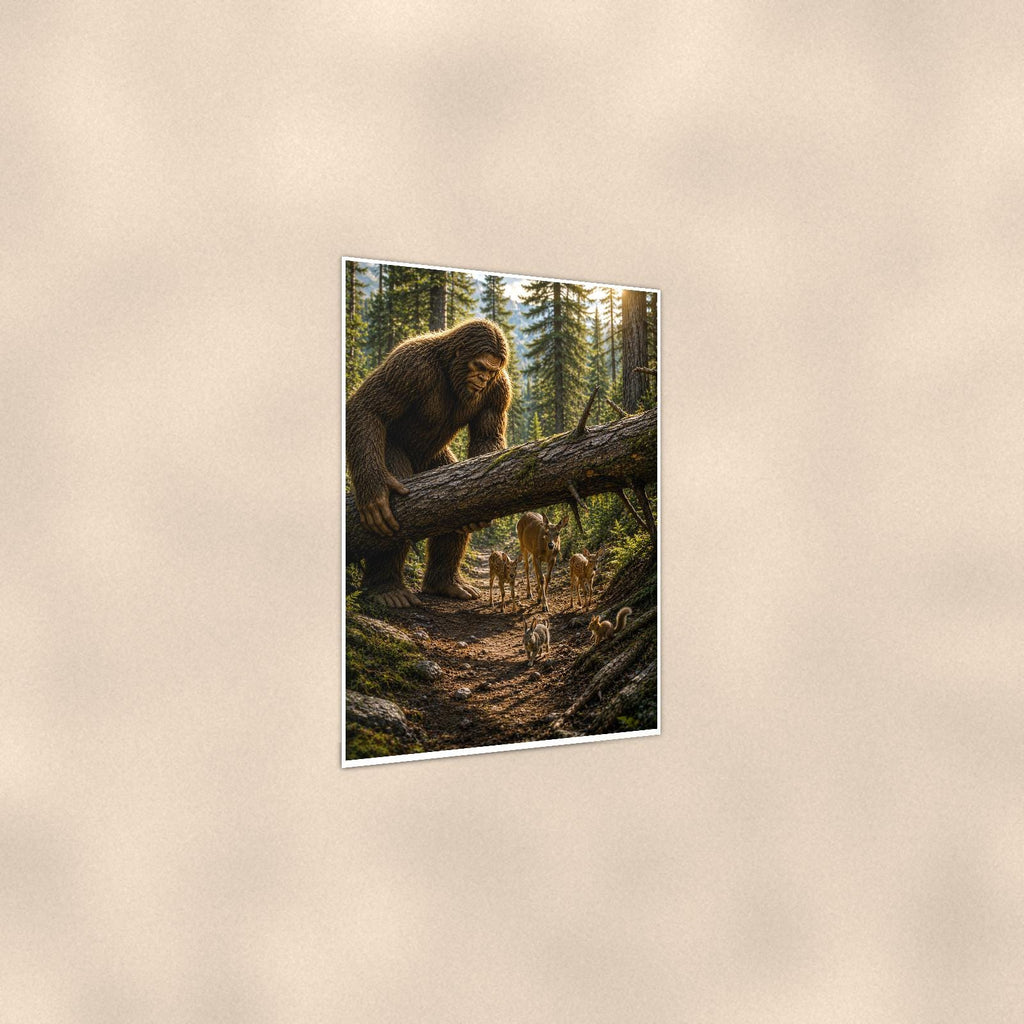 Log Bridge Bigfoot — 24x36 in art print poster, premium luster paper with a white border; gentle three-quarter angle on a warm wall, showing the flat paper edge.
