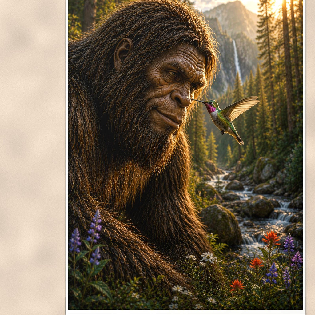 Waterfall Gaze Bigfoot — 24x36 in art print poster, premium luster paper with a white border; close-up framed on the main subject of the artwork, paper surface visible.