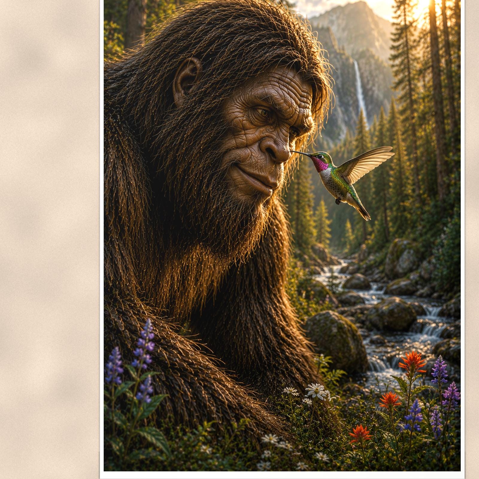Waterfall Gaze Bigfoot — 24x36 in art print poster, premium luster paper with a white border; close-up framed on the main subject of the artwork, paper surface visible.