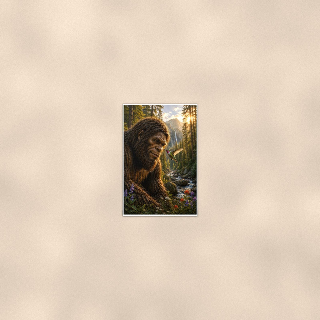 Waterfall Gaze Bigfoot — 24x36 in art print poster, premium luster paper with a white border; poster seen from further back, at true 24x36 in scale on a warm wall.
