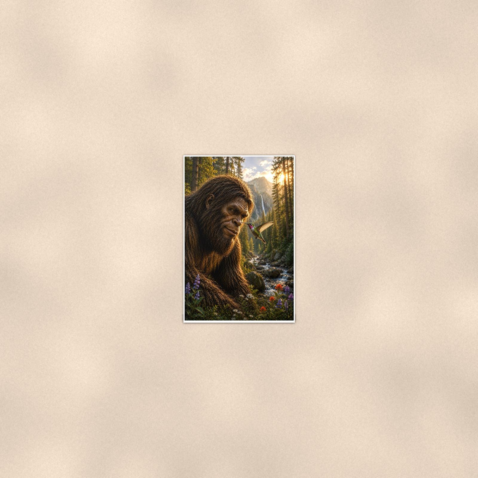 Waterfall Gaze Bigfoot — 24x36 in art print poster, premium luster paper with a white border; poster seen from further back, at true 24x36 in scale on a warm wall.