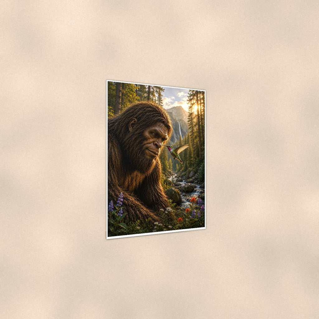 Waterfall Gaze Bigfoot — 24x36 in art print poster, premium luster paper with a white border; gentle three-quarter angle on a warm wall, showing the flat paper edge.