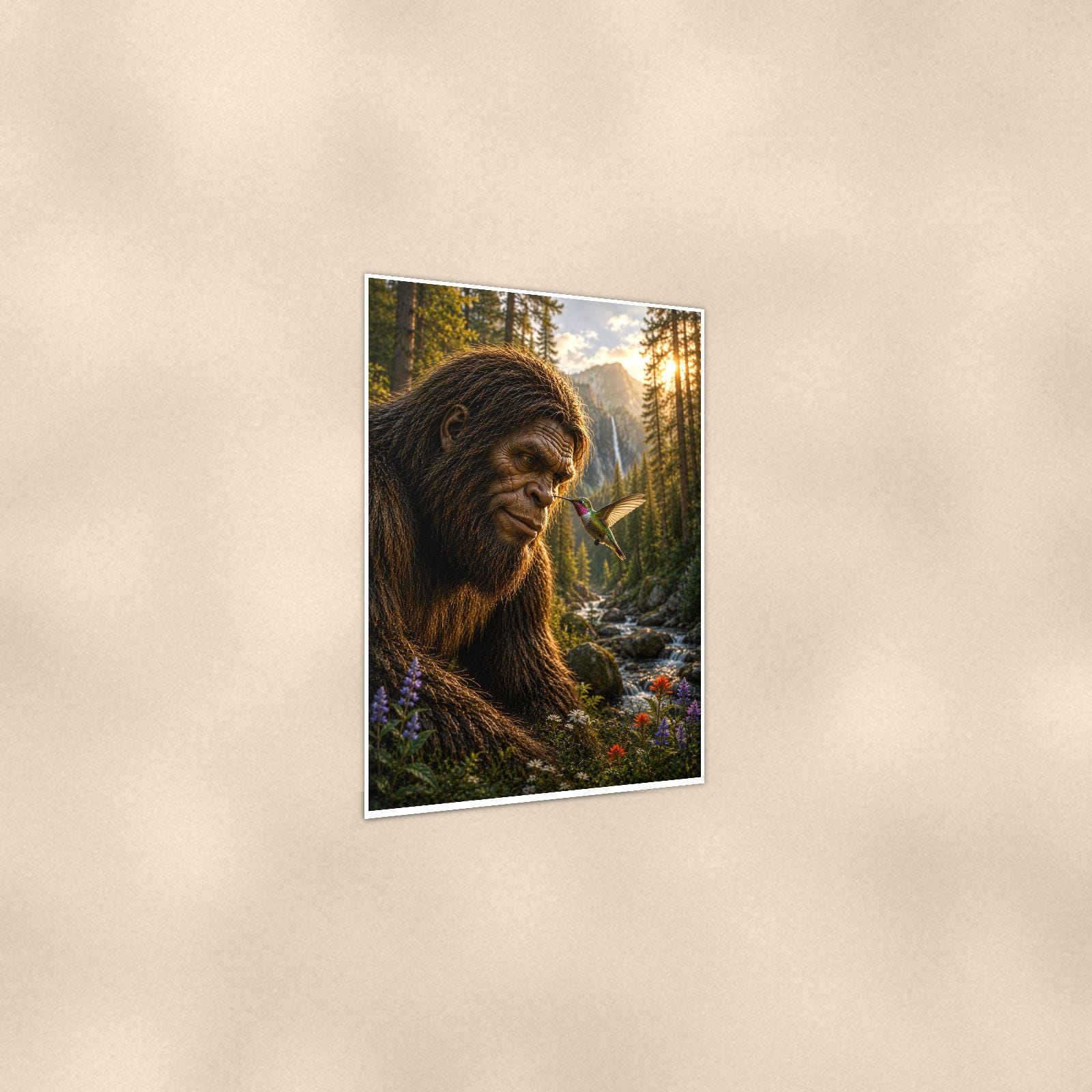 Waterfall Gaze Bigfoot — 24x36 in art print poster, premium luster paper with a white border; gentle three-quarter angle on a warm wall, showing the flat paper edge.
