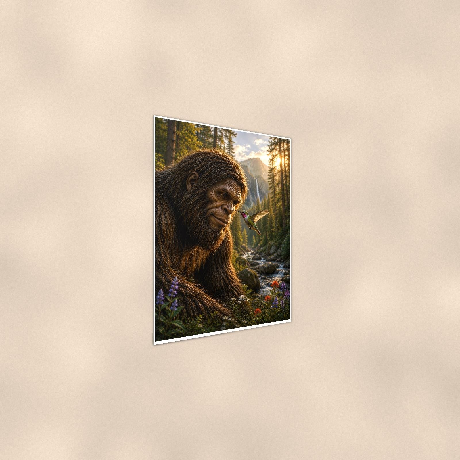 Waterfall Gaze Bigfoot — 24x36 in art print poster, premium luster paper with a white border; steeper three-quarter angle on a warm wall, catching the luster sheen.