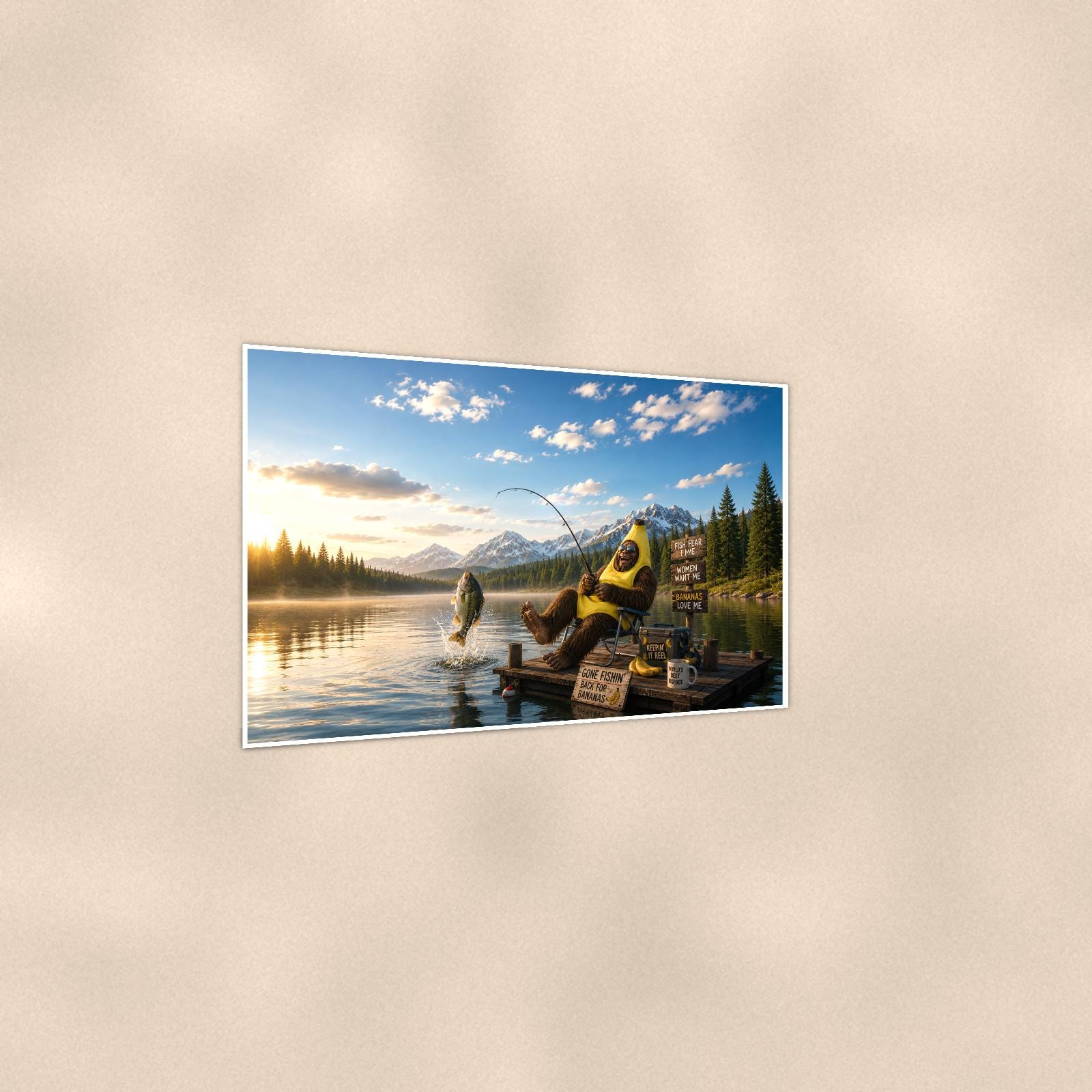 Banana Fishing Bigfoot — 36x24 in art print poster, premium luster paper with a white border; gentle three-quarter angle on a warm wall, showing the flat paper edge.