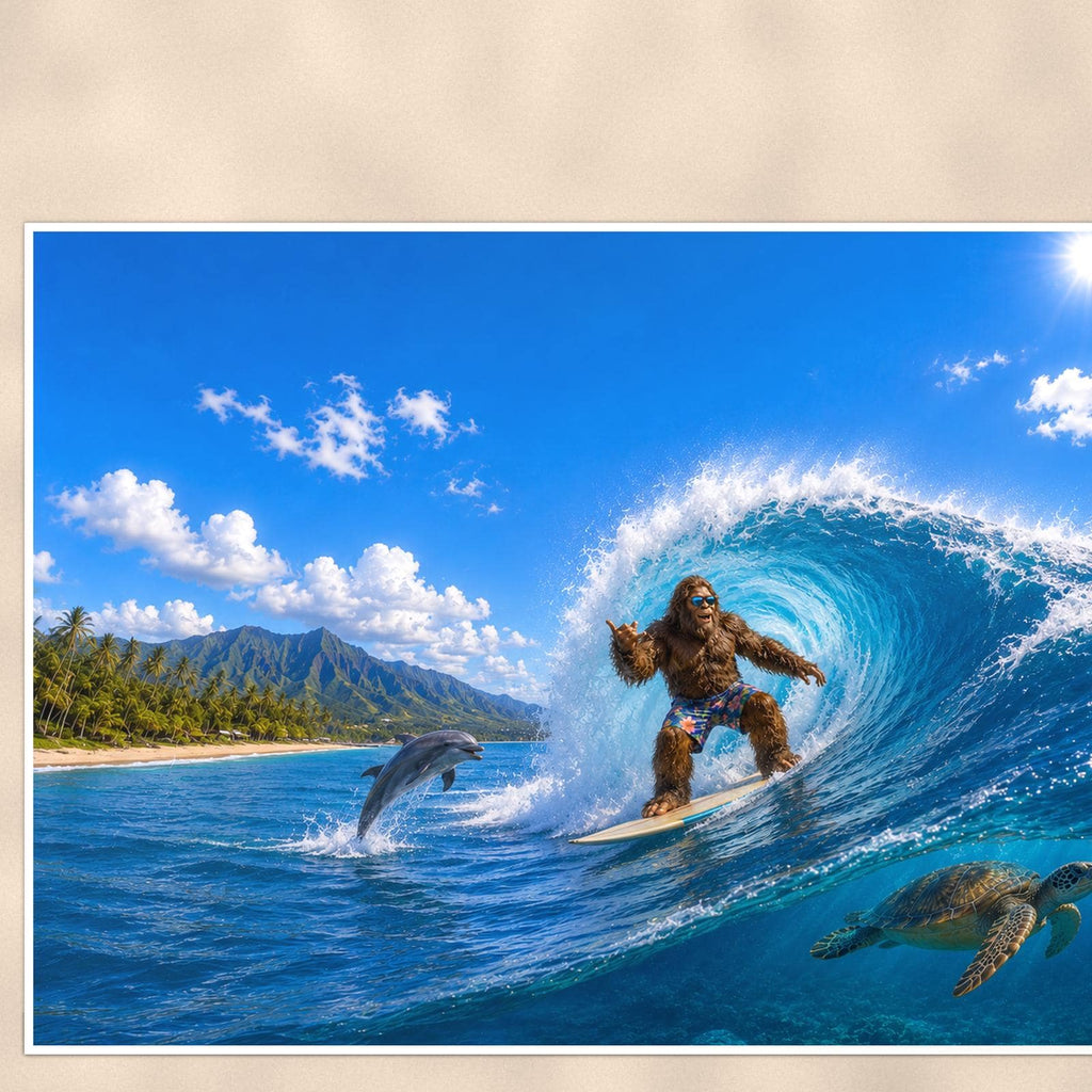 Surfing Bigfoot — 36x24 in art print poster, premium luster paper with a white border; close-up framed on the main subject of the artwork, paper surface visible.