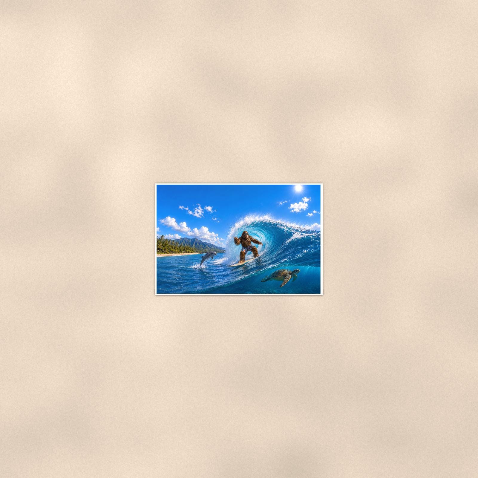 Surfing Bigfoot — 36x24 in art print poster, premium luster paper with a white border; poster seen from further back, at true 24x36 in scale on a warm wall.